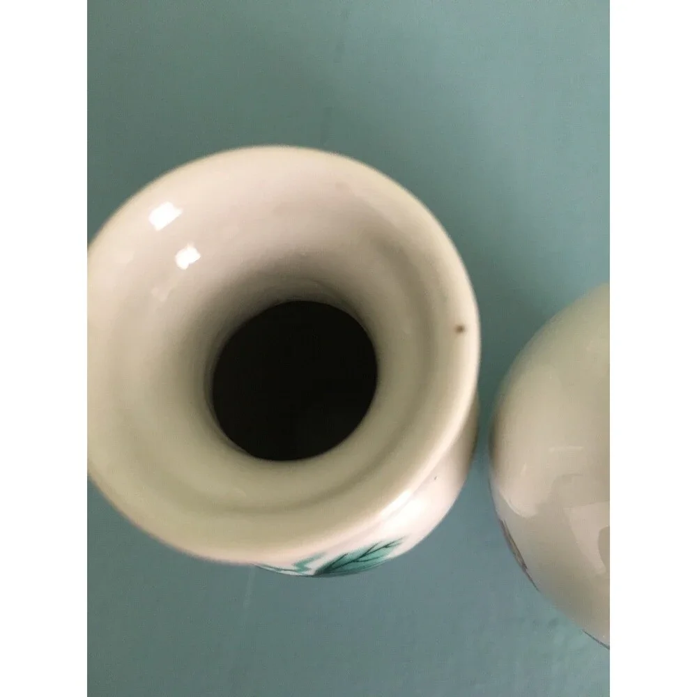 2-Vintage Made in China Pink Green Flowers Ceramic Pottery Vases 3 3/4